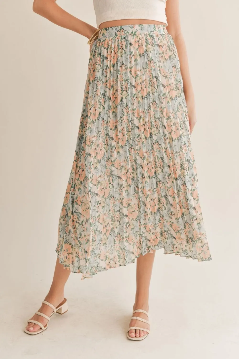 Women's Floral Swiss Dot Pleated Midi Skirt | Blue Multi