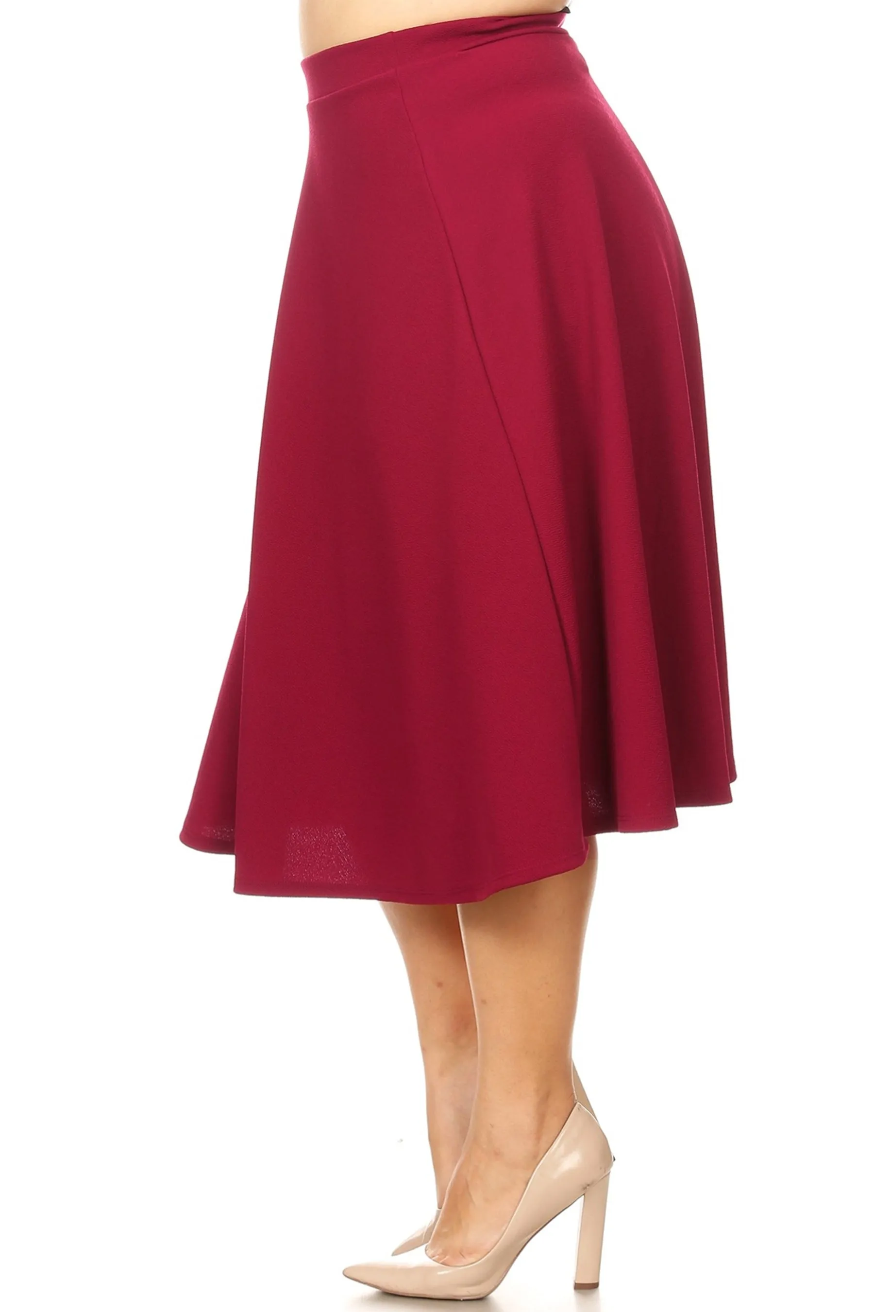 Women's Plus Size A-Line Flared Midi Skirt - Casual Solid with Elastic Band