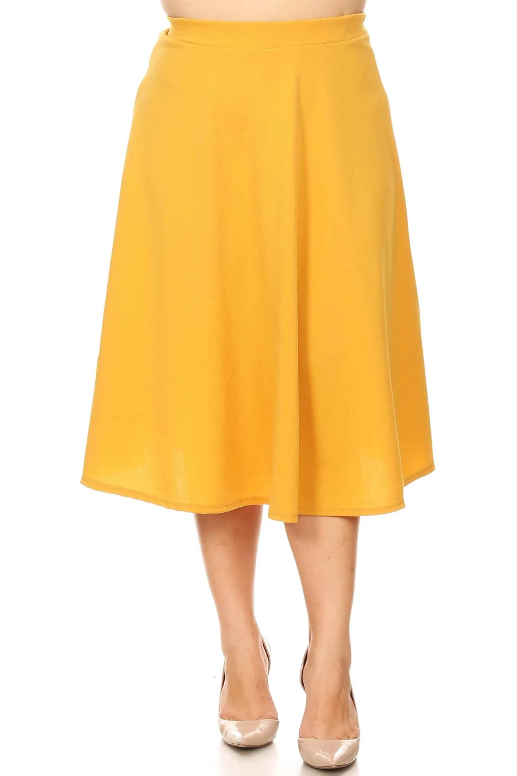 Women's Plus Size A-Line Flared Midi Skirt - Casual Solid with Elastic Band