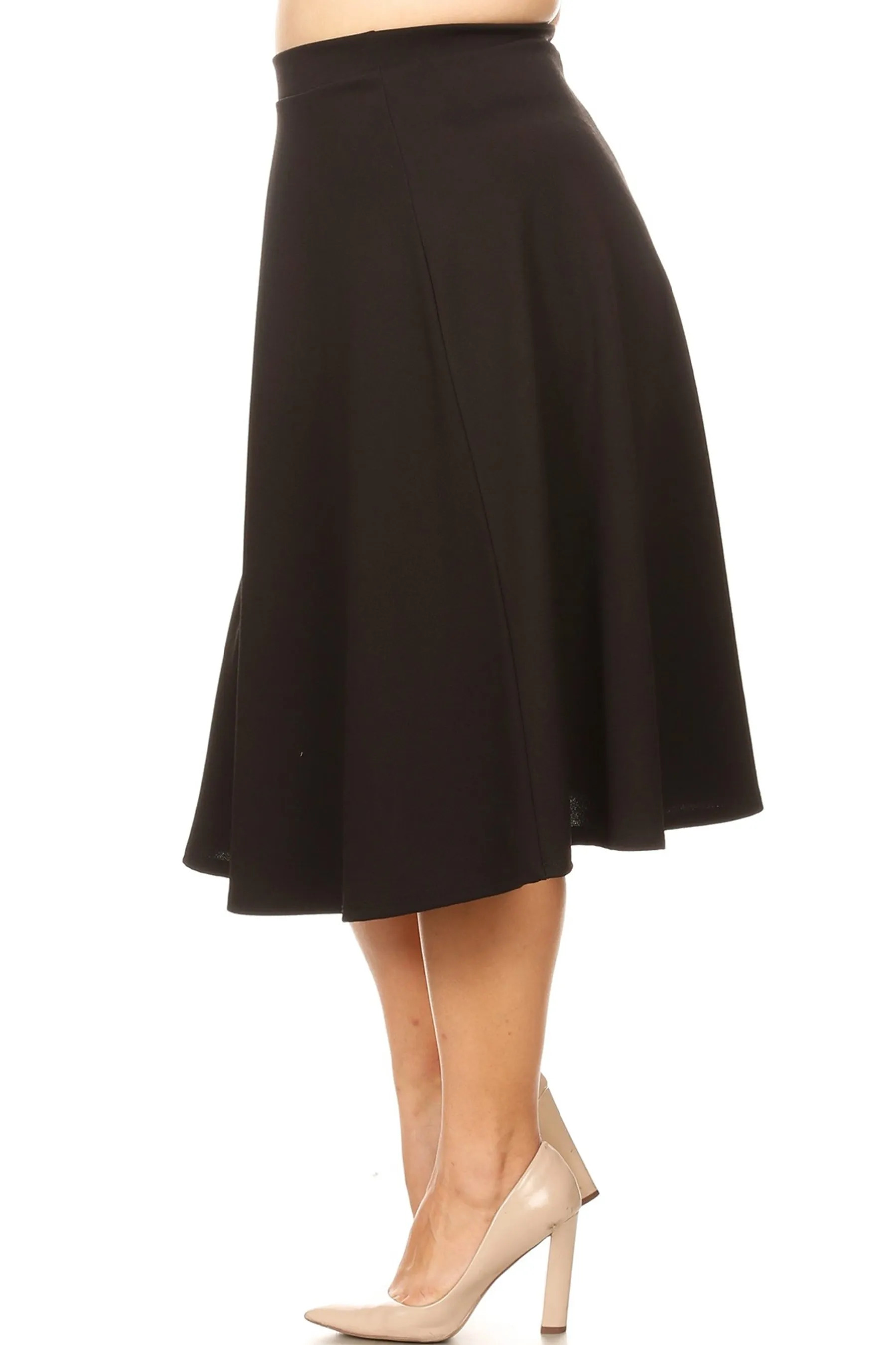 Women's Plus Size A-Line Flared Midi Skirt - Casual Solid with Elastic Band