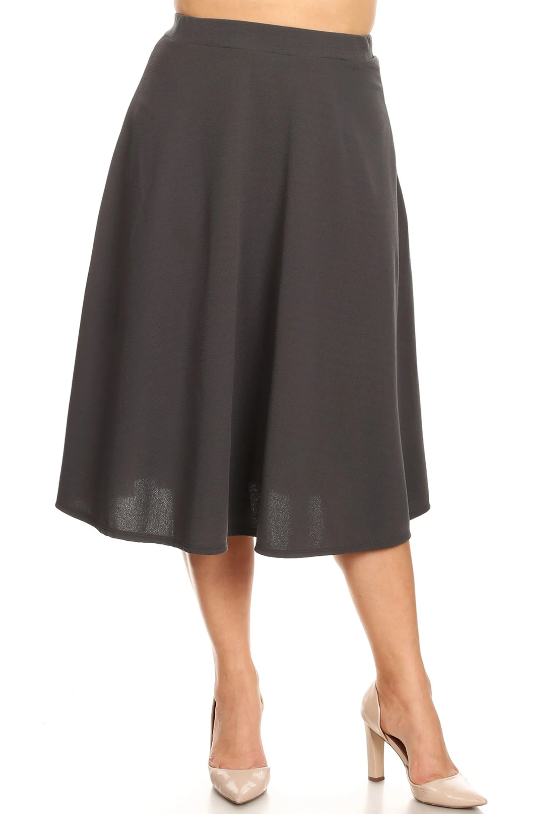 Women's Plus Size A-Line Flared Midi Skirt - Casual Solid with Elastic Band