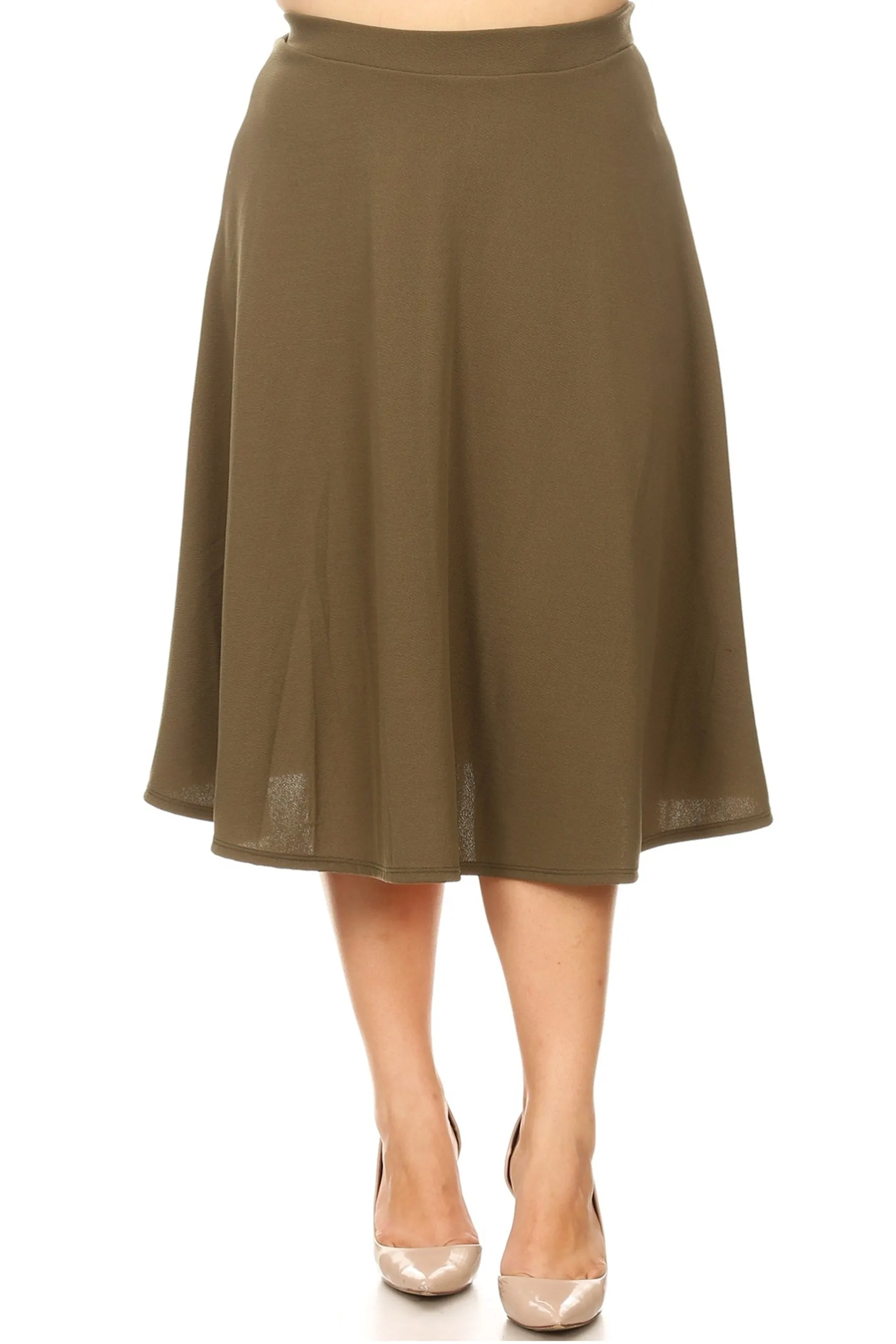 Women's Plus Size A-Line Flared Midi Skirt - Casual Solid with Elastic Band