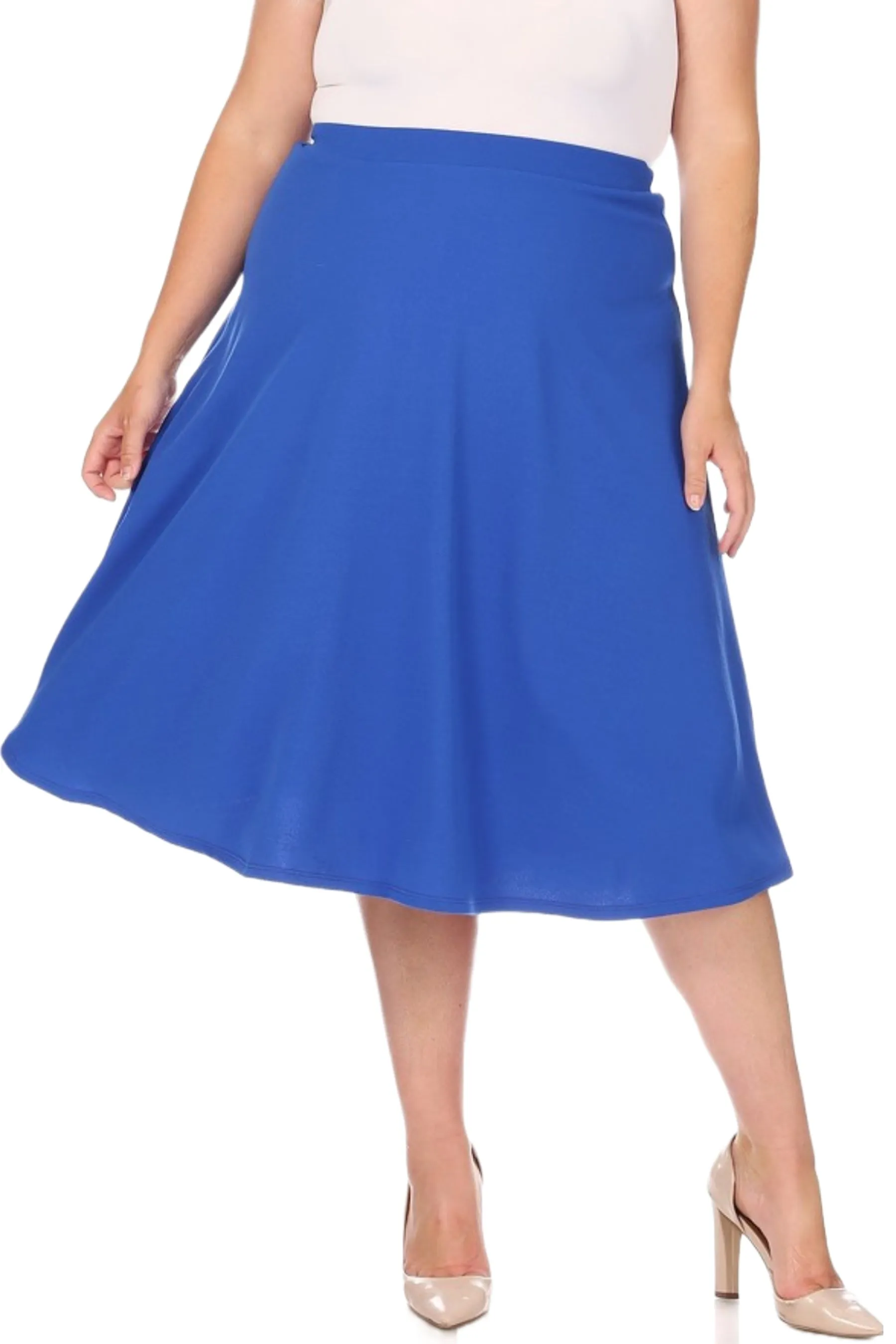 Women's Plus Size A-Line Flared Midi Skirt - Casual Solid with Elastic Band