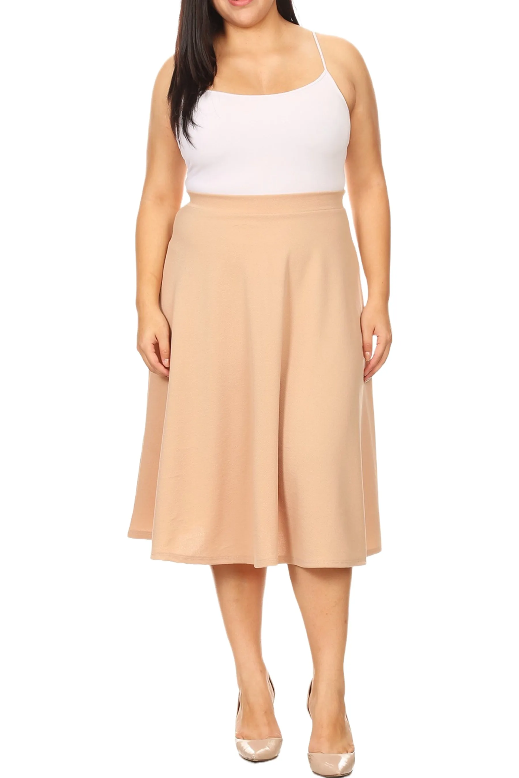 Women's Plus Size A-Line Flared Midi Skirt - Casual Solid with Elastic Band