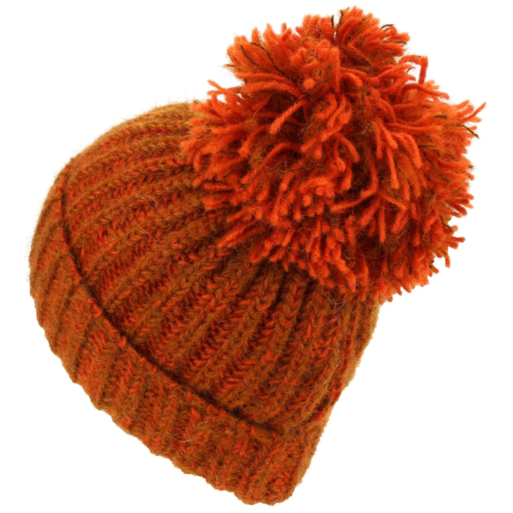 Wool Knit Beanie Bobble Hat - Flame Orange