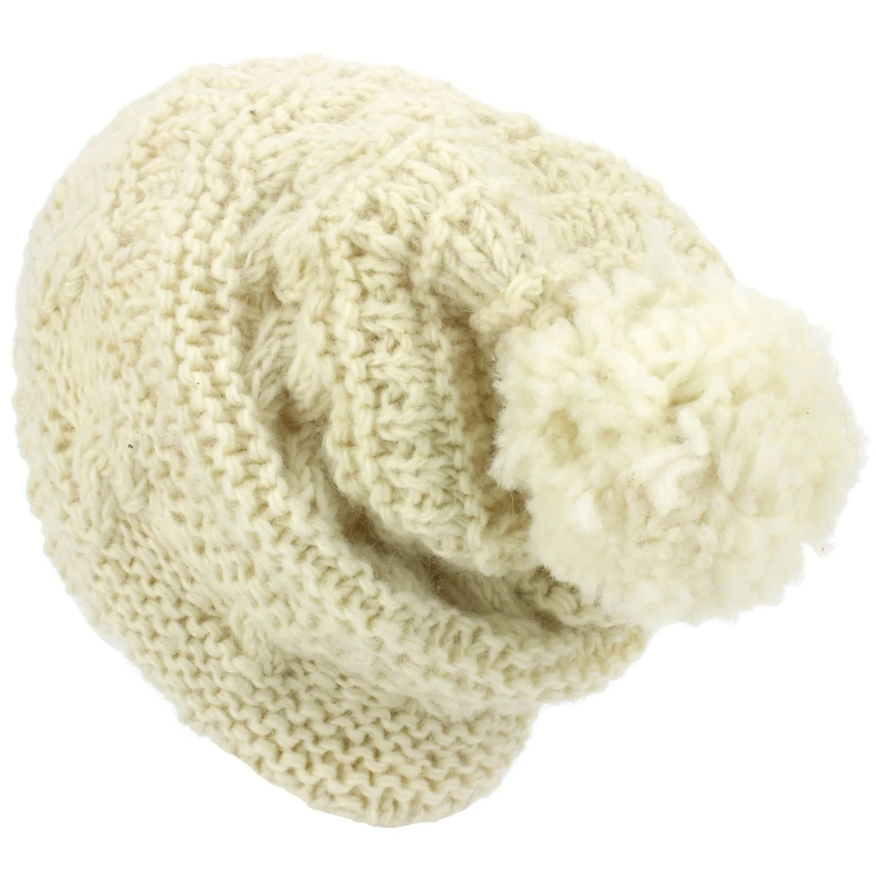 Wool Knit Bobble Beanie Hat - Cream