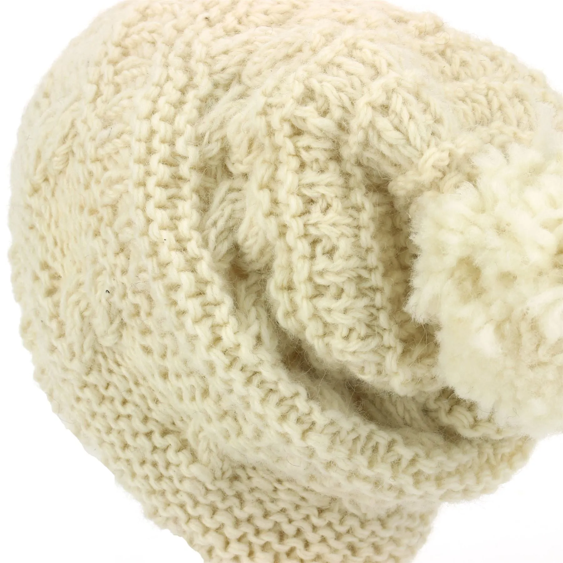 Wool Knit Bobble Beanie Hat - Cream