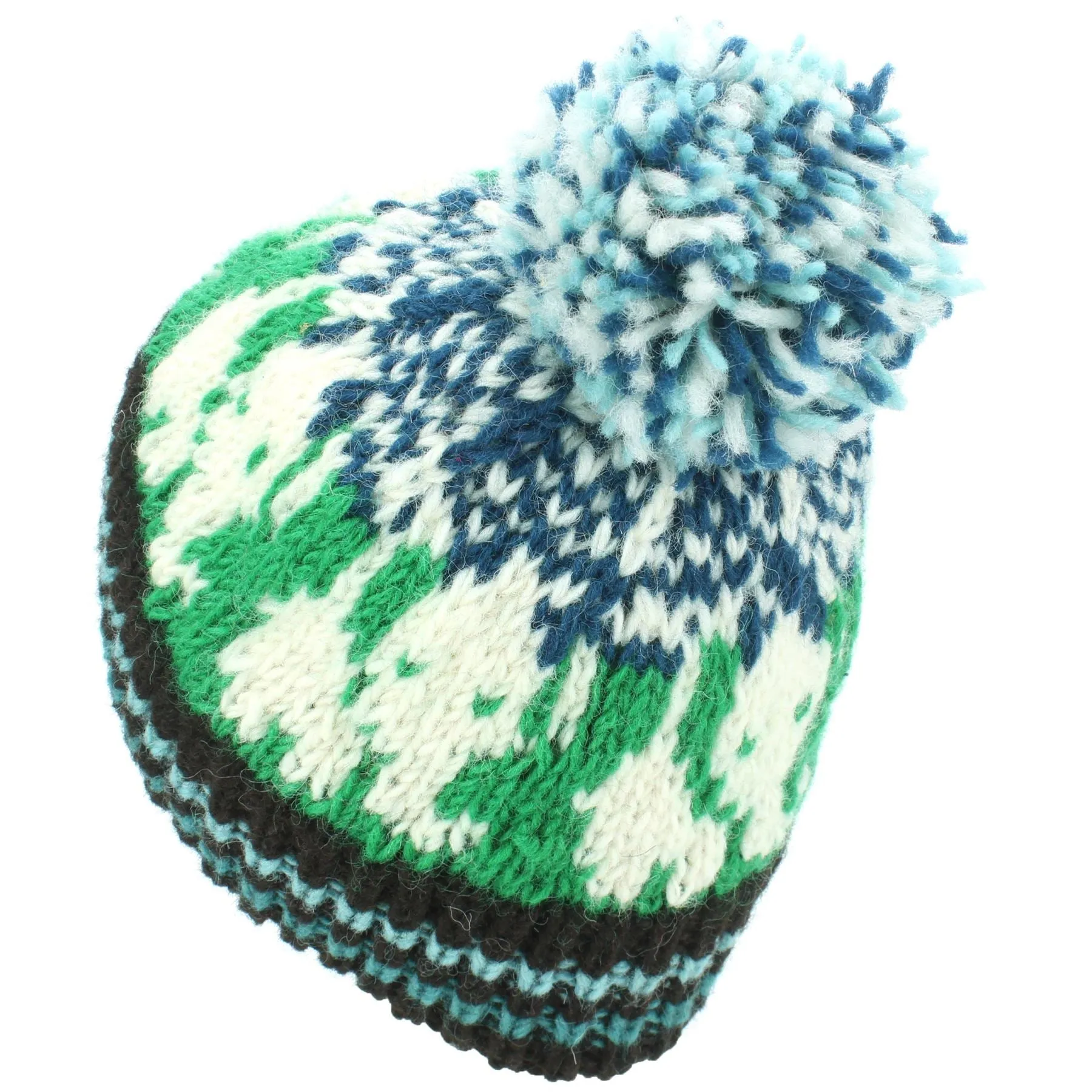 Wool Knit Bobble Beanie Hat - Elephant - Green Teal