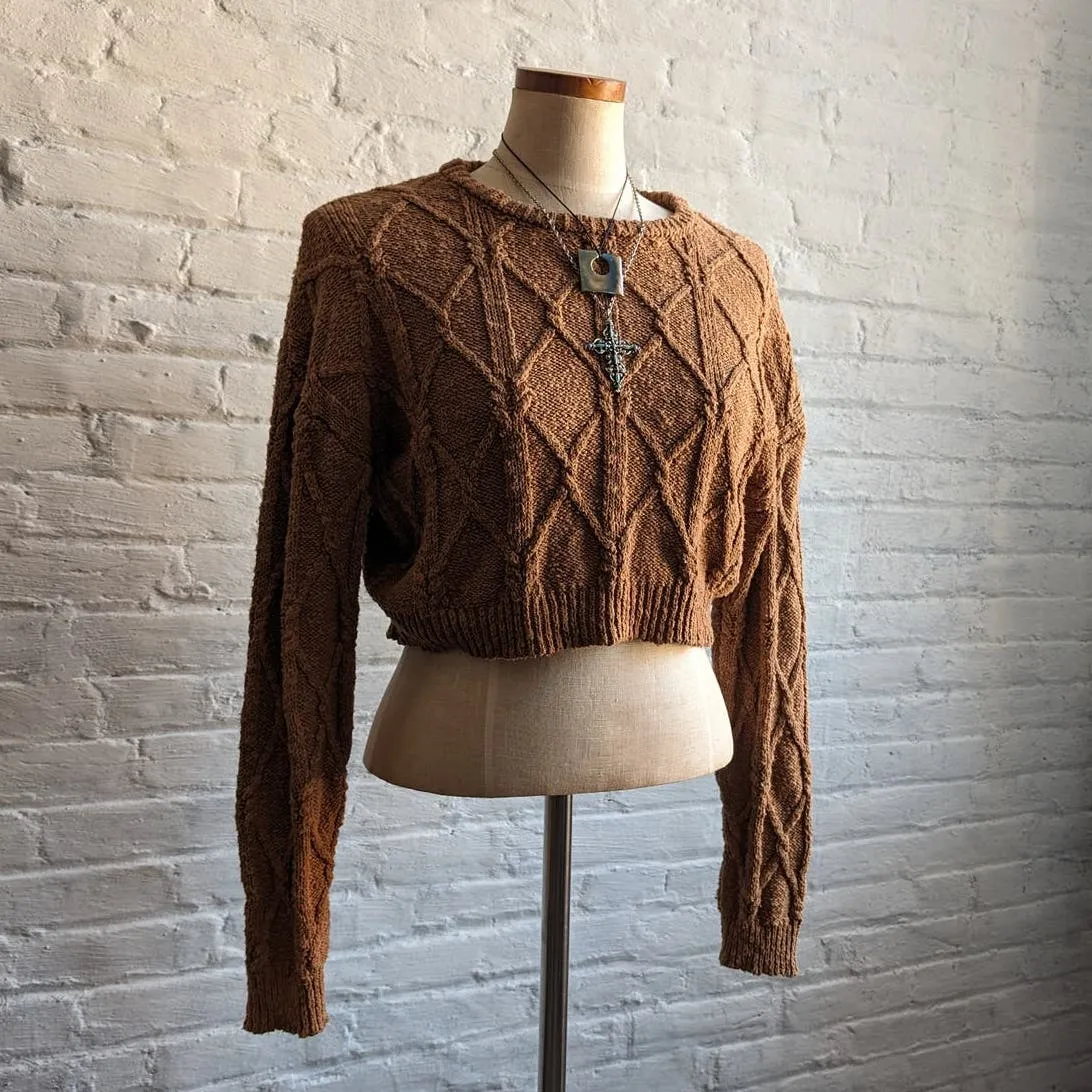 Y2K Vintage Grunge Slouchy Cable Knit Cropped Sweater Minimalist Cozy Earthy Top