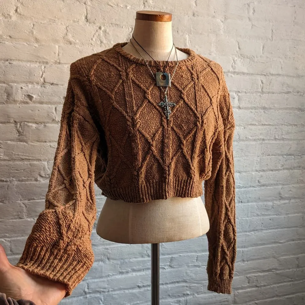 Y2K Vintage Grunge Slouchy Cable Knit Cropped Sweater Minimalist Cozy Earthy Top