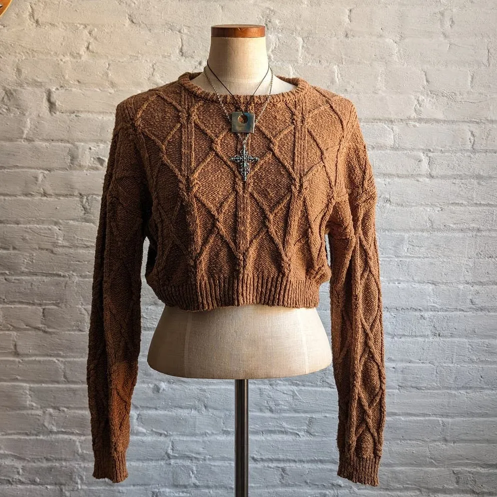 Y2K Vintage Grunge Slouchy Cable Knit Cropped Sweater Minimalist Cozy Earthy Top