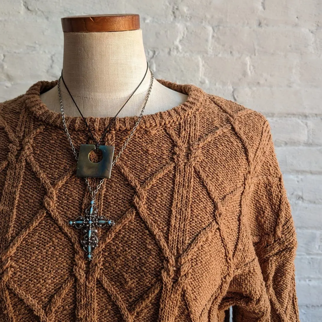 Y2K Vintage Grunge Slouchy Cable Knit Cropped Sweater Minimalist Cozy Earthy Top